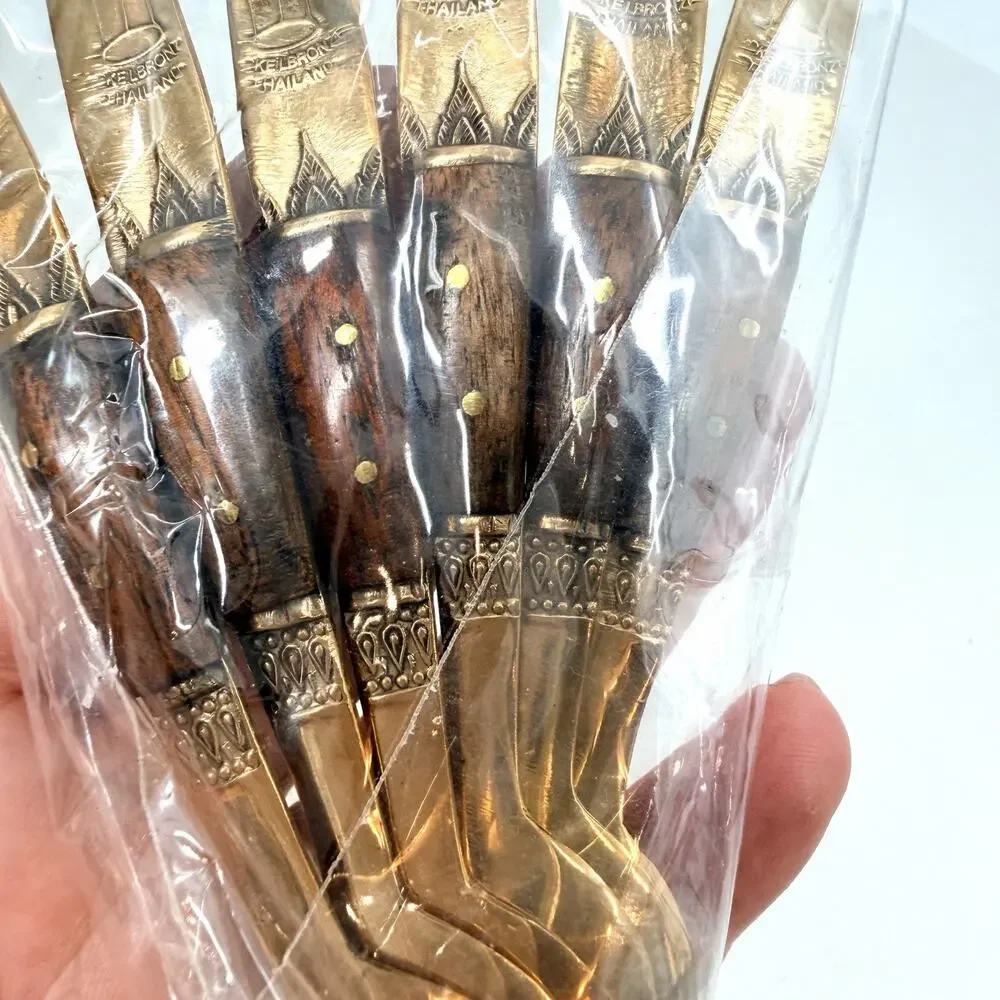CKE L. Bronze & Wood Thailand 12pc Demitasse Spoon & Appetizer Fork Set MCM